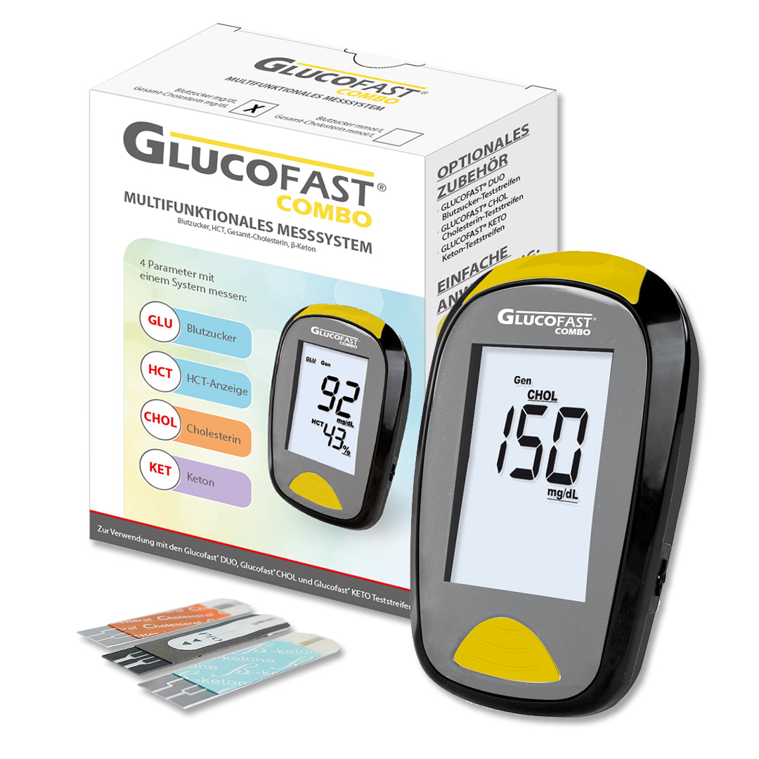 Glucofast COMBO Multiparameter-Messsystem - Blutzucker, HCT-Anzeige, ß-Keton, Gesamt-Cholesterin