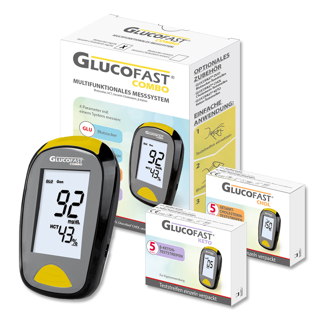 Glucofast COMBO Multiparameter-Messsystem - Blutzucker, HCT-Anzeige, ß-Keton, Gesamt-Cholesterin